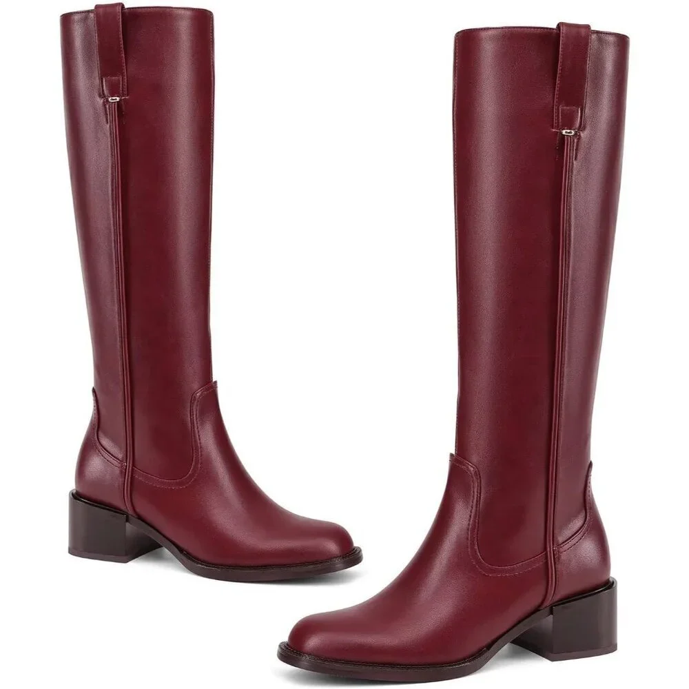 Women's Burgundy Chunky Low Block Heel Round Toe Faux Leather Knee High Boots
